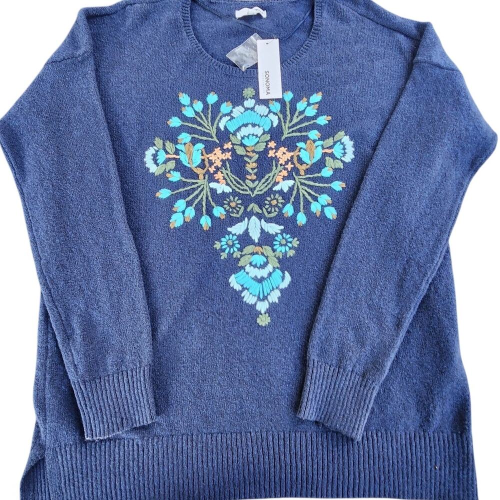 NWT SONOMA WOMEN EMBROIDERED SWEATER BLUE FLORAL FEMININE COTTAGECORE GRANDMA LG